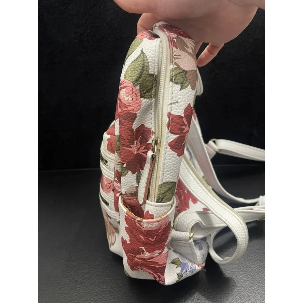 Stone & Co Floral Mini Backpack White Red Rose Pebbled Faux Leather Organizer